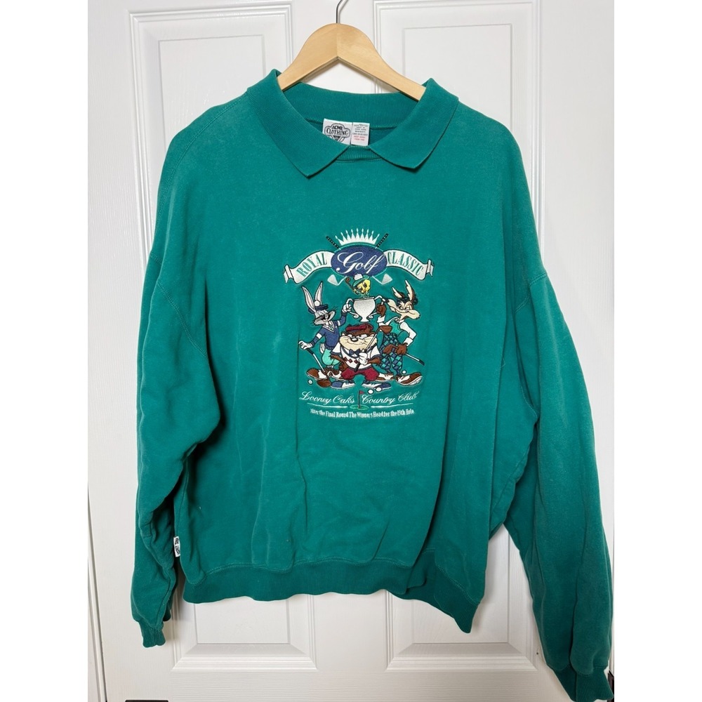 Vtg 90s Looney Tunes Warner Bros Golf Collared Sweatshirt Mens XL Bugs Bunny Taz